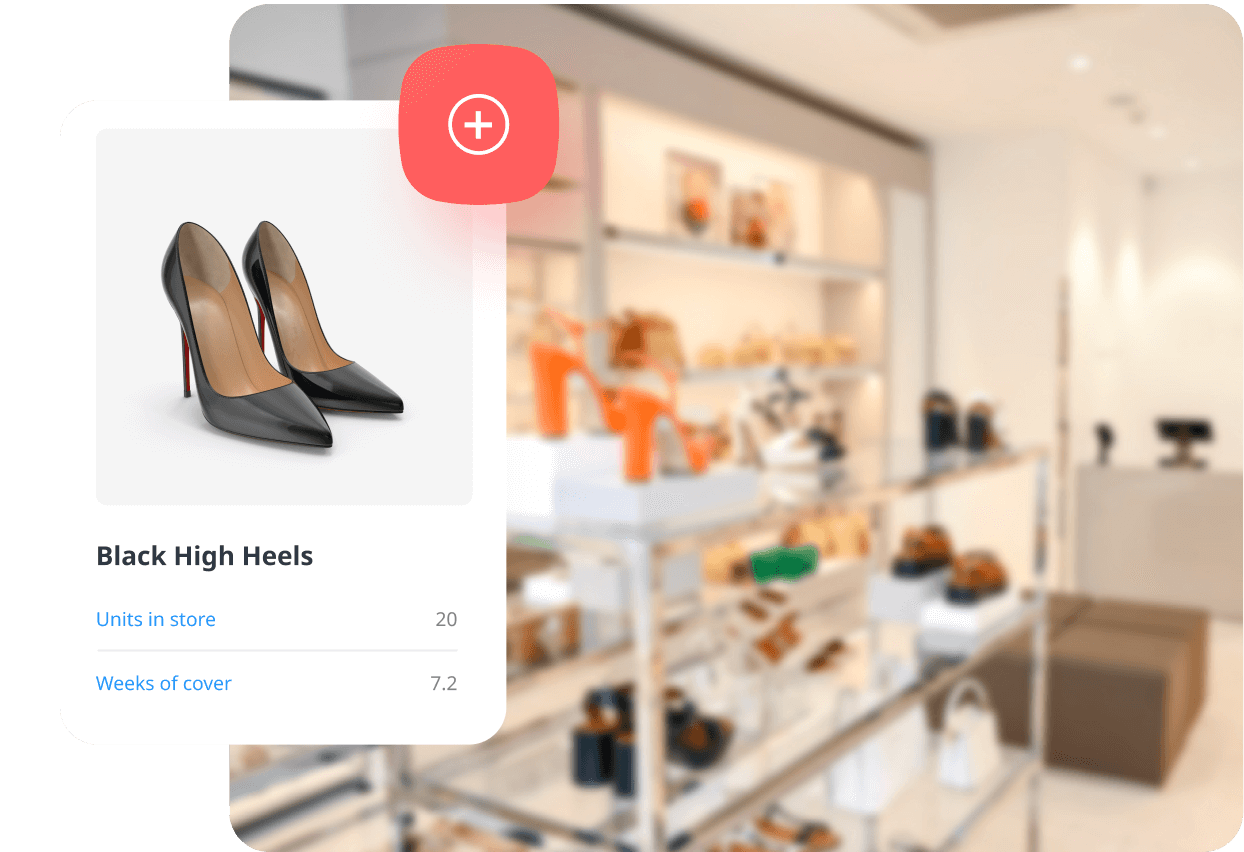 An image of a fashion footwear product in the Nextail platform displaying store availability and weeks of cover.