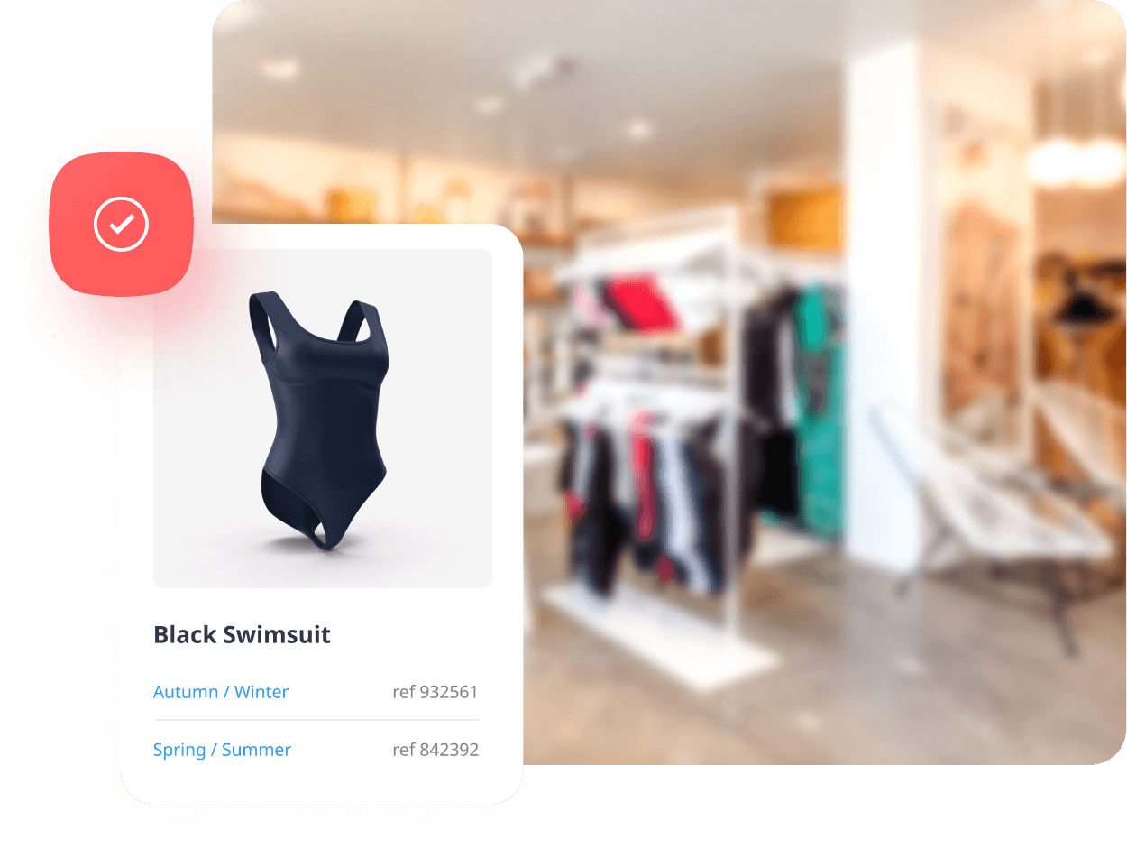 Image of a black swimsuit in the Nextail platform displaying identical products with different reference numbers.