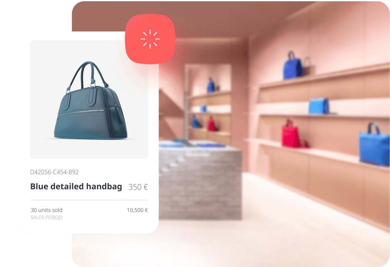 Image of a luxury and designer handbag in the Nextail platform displaying its price and number of units sold.